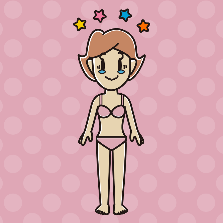 インナーウェアの着用例イラスト（ジーンとする女性）【色、背景あり】PNG