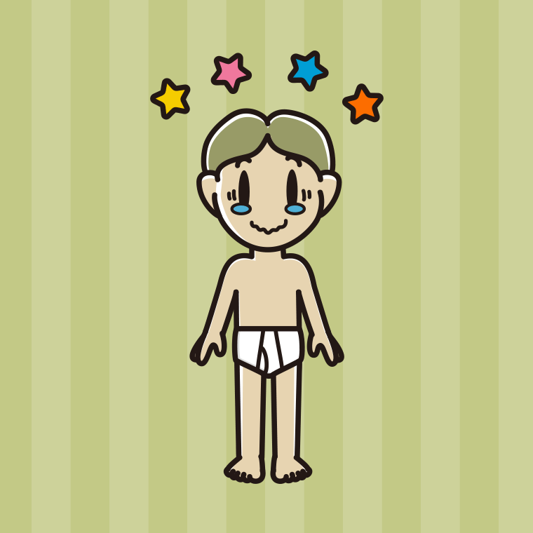 インナーウェアの着用例イラスト（ジーンとする小学生男子）【色、背景あり】PNG