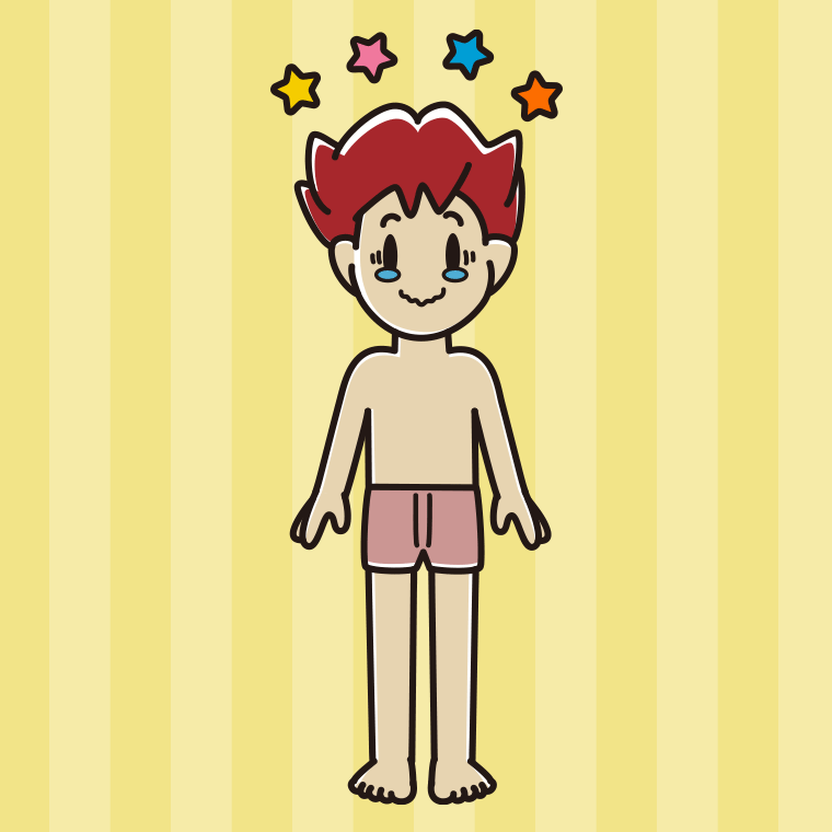 インナーウェアの着用例イラスト（ジーンとする男子大学生）【色、背景あり】PNG