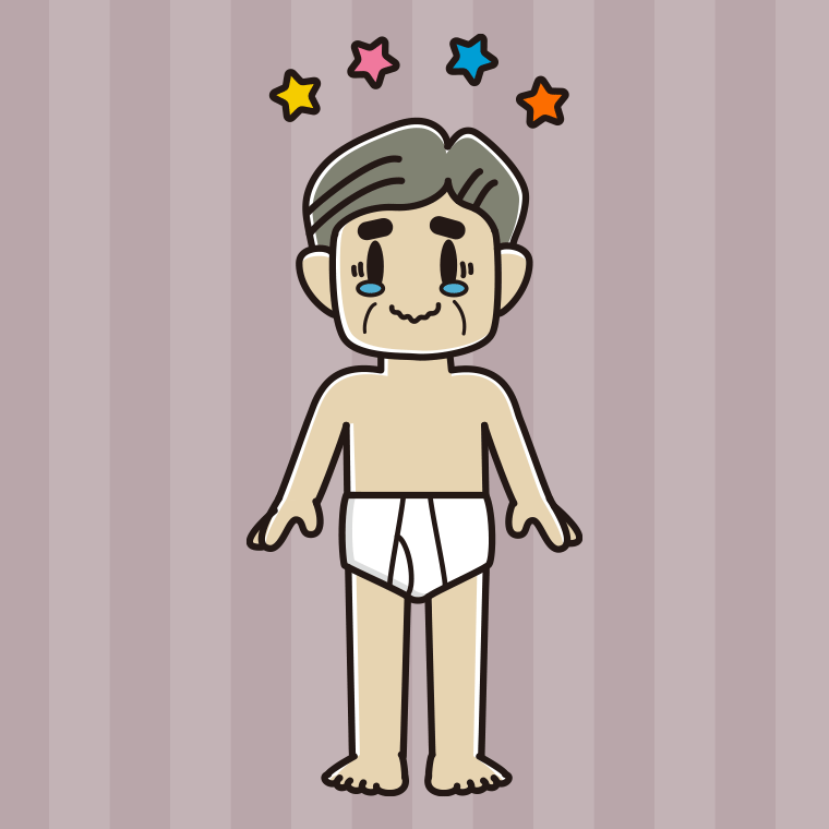 インナーウェアの着用例イラスト（ジーンとするおじさん）【色、背景あり】PNG