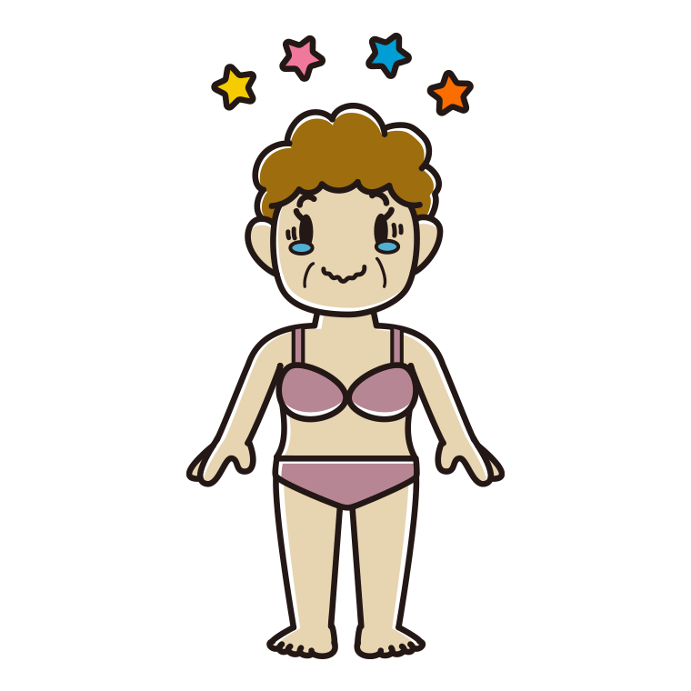 インナーウェアの着用例イラスト（ジーンとするおばさん）【色あり、背景なし】透過PNG