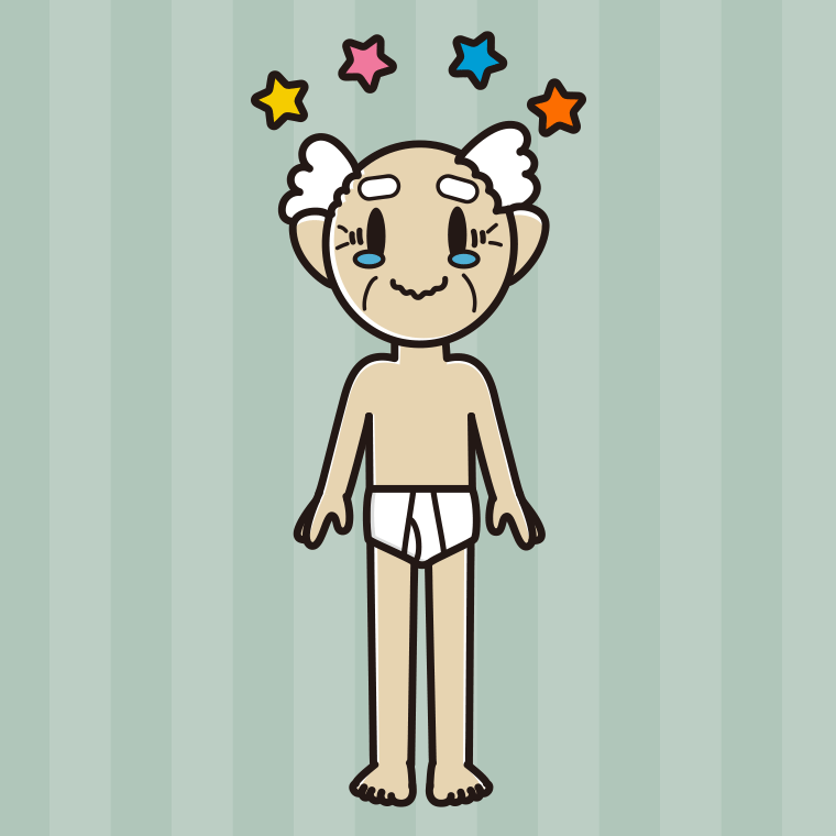インナーウェアの着用例イラスト（ジーンとするおじいさん）【色、背景あり】PNG