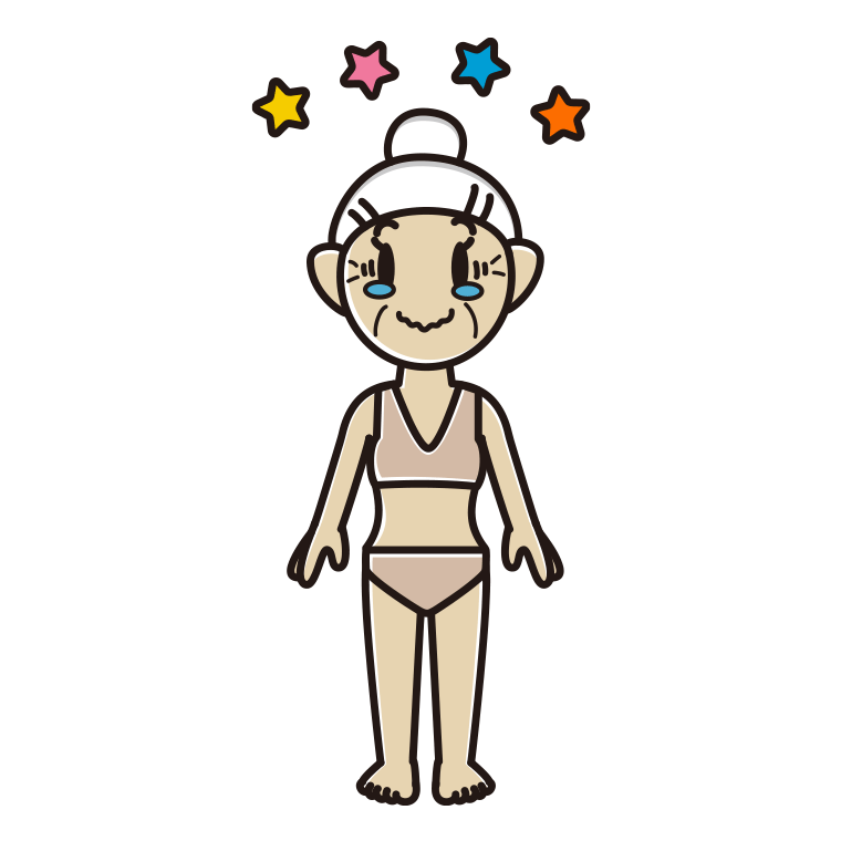 インナーウェアの着用例イラスト（ジーンとするおばあさん）【色あり、背景なし】透過PNG