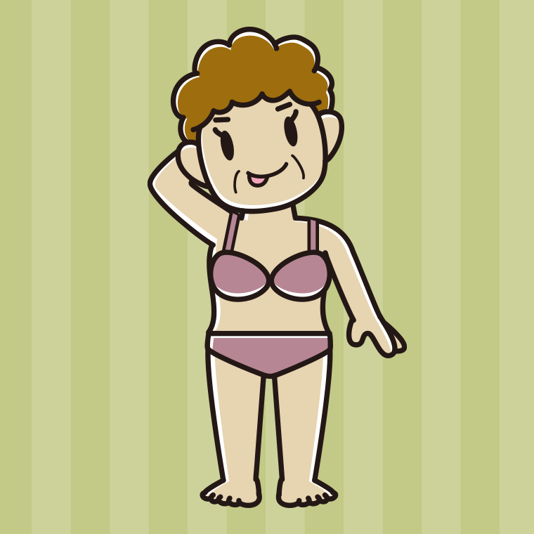 インナーウェアの着用例イラスト（テヘヘなおばさん）【色、背景あり】PNG