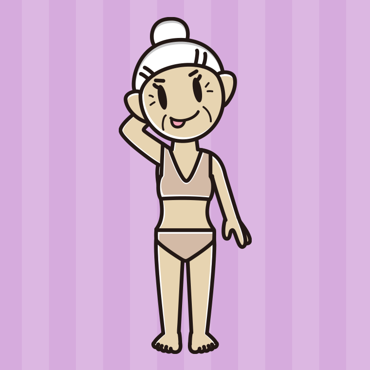インナーウェアの着用例イラスト（テヘヘなおばあさん）【色、背景あり】PNG