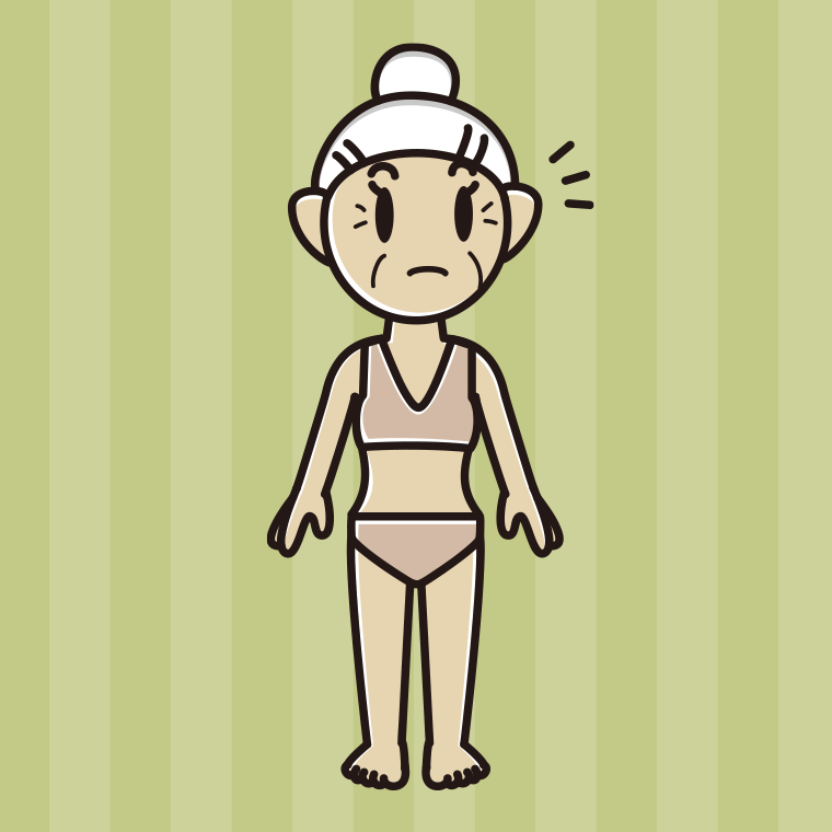 インナーウェアの着用例イラスト（何かに気付くおばあさん）【色、背景あり】PNG