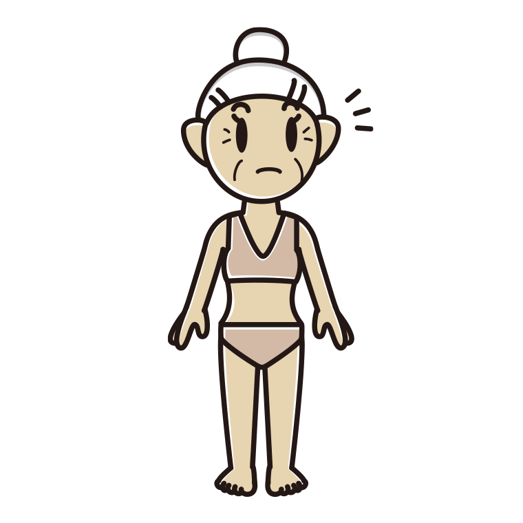 インナーウェアの着用例イラスト（何かに気付くおばあさん）【色あり、背景なし】透過PNG