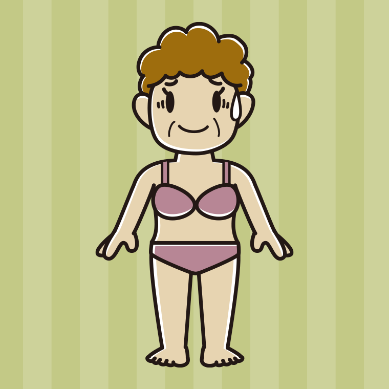 インナーウェアの着用例イラスト（苦笑いするおばさん）【色、背景あり】PNG