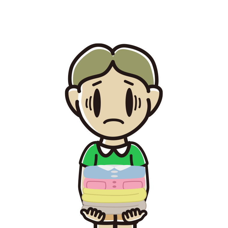 たたまれた洗濯物を持って困る小学生男子のイラスト【色あり、背景なし】透過PNG
