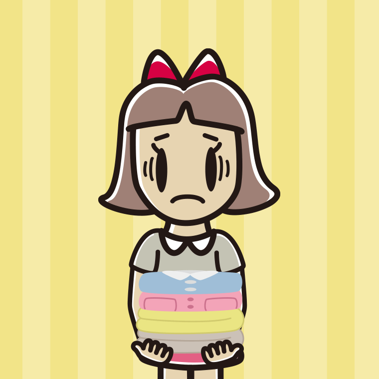 たたまれた洗濯物を持って困る小学生女子のイラスト【色、背景あり】PNG
