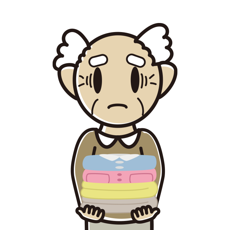 たたまれた洗濯物を持って困るおじいさんのイラスト【色あり、背景なし】透過PNG