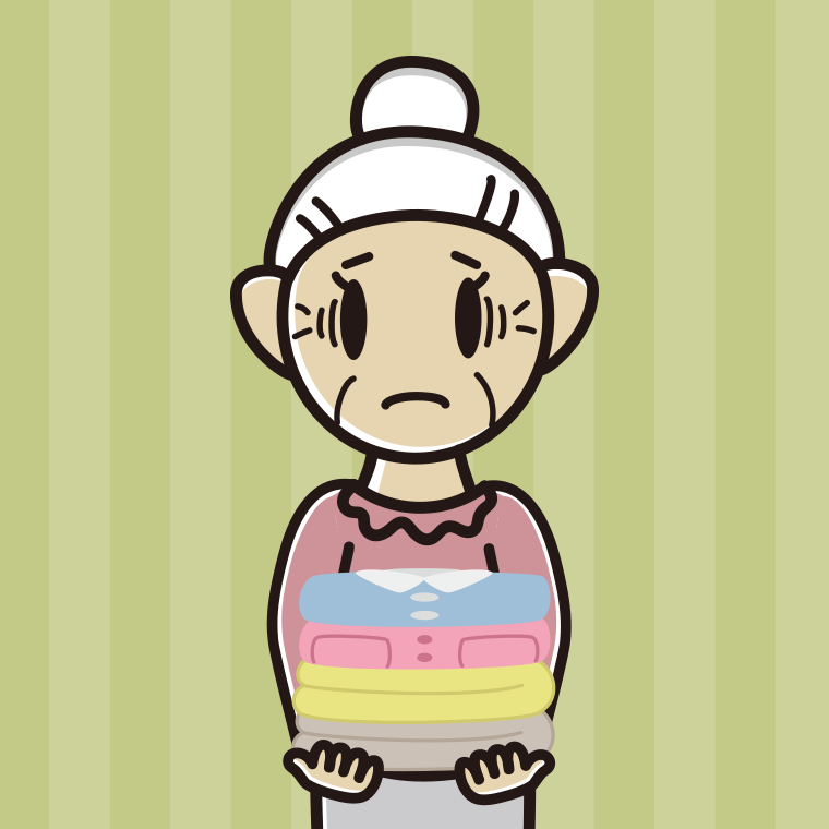 たたまれた洗濯物を持って困るおばあさんのイラスト【色、背景あり】PNG