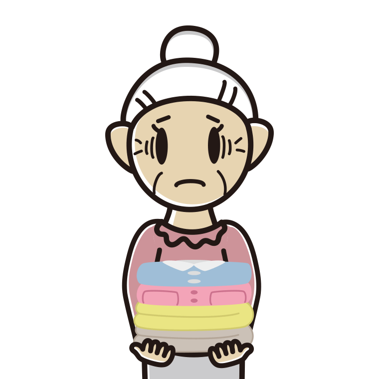 たたまれた洗濯物を持って困るおばあさんのイラスト【色あり、背景なし】透過PNG