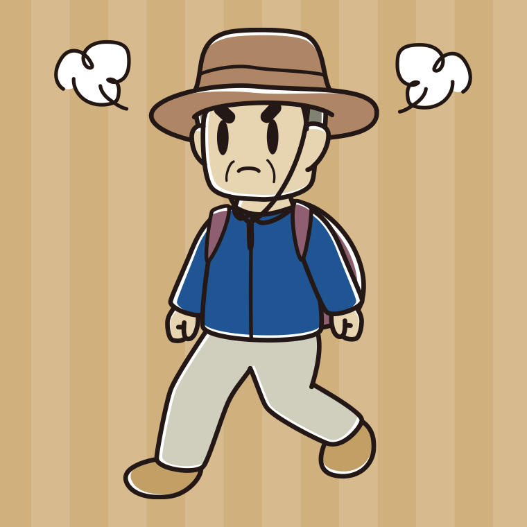 ハイキング中に怒るおじさんのイラスト【色、背景あり】PNG