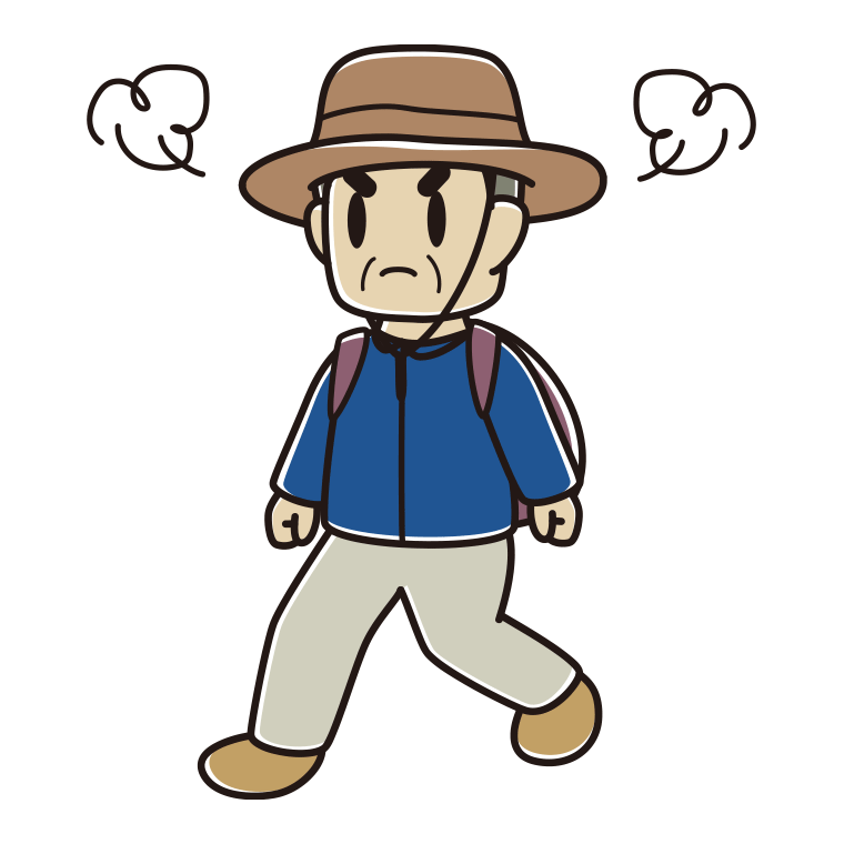 ハイキング中に怒るおじさんのイラスト【色あり、背景なし】透過PNG