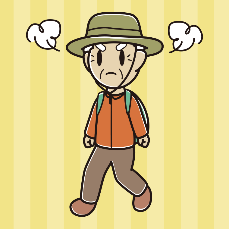 ハイキング中に怒るおじいさんのイラスト【色、背景あり】PNG
