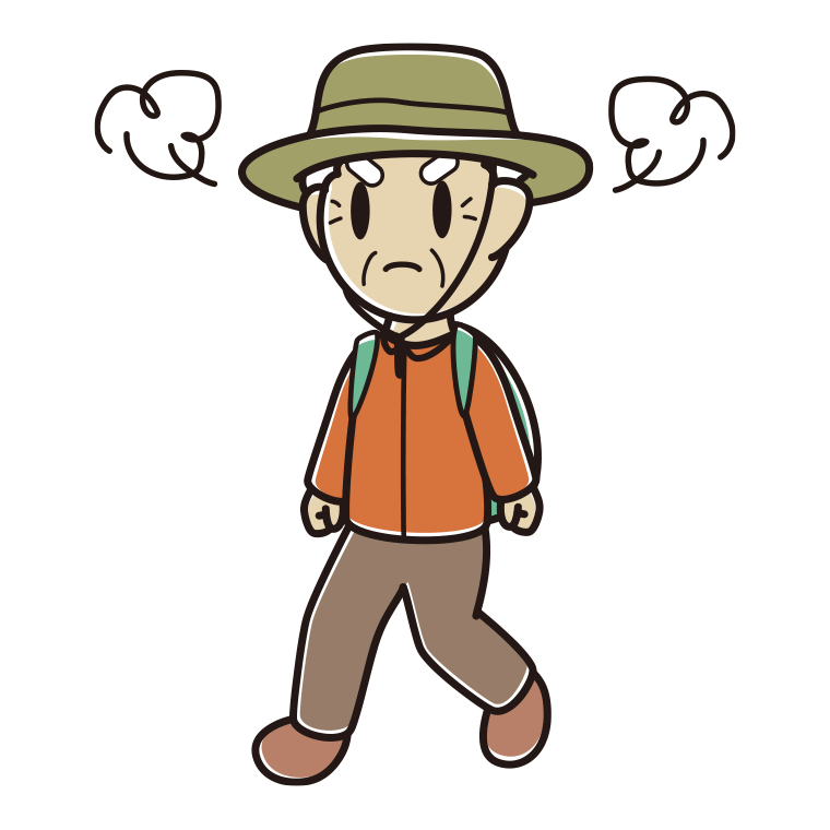 ハイキング中に怒るおじいさんのイラスト【色あり、背景なし】透過PNG