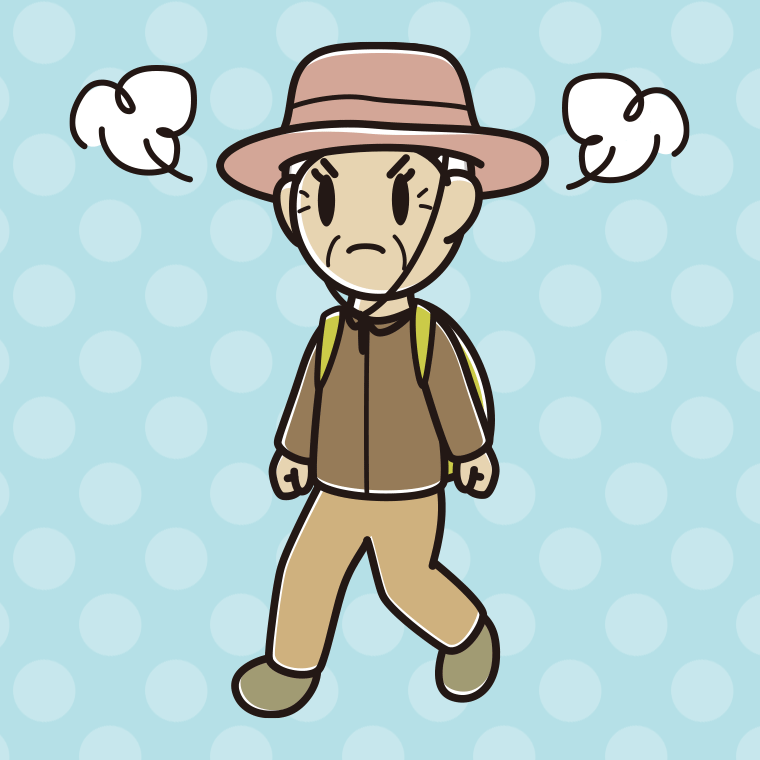ハイキング中に怒るおばあさんのイラスト【色、背景あり】PNG