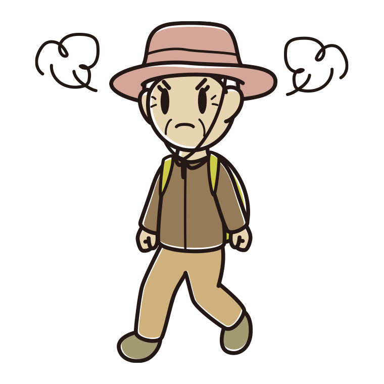 ハイキング中に怒るおばあさんのイラスト【色あり、背景なし】透過PNG