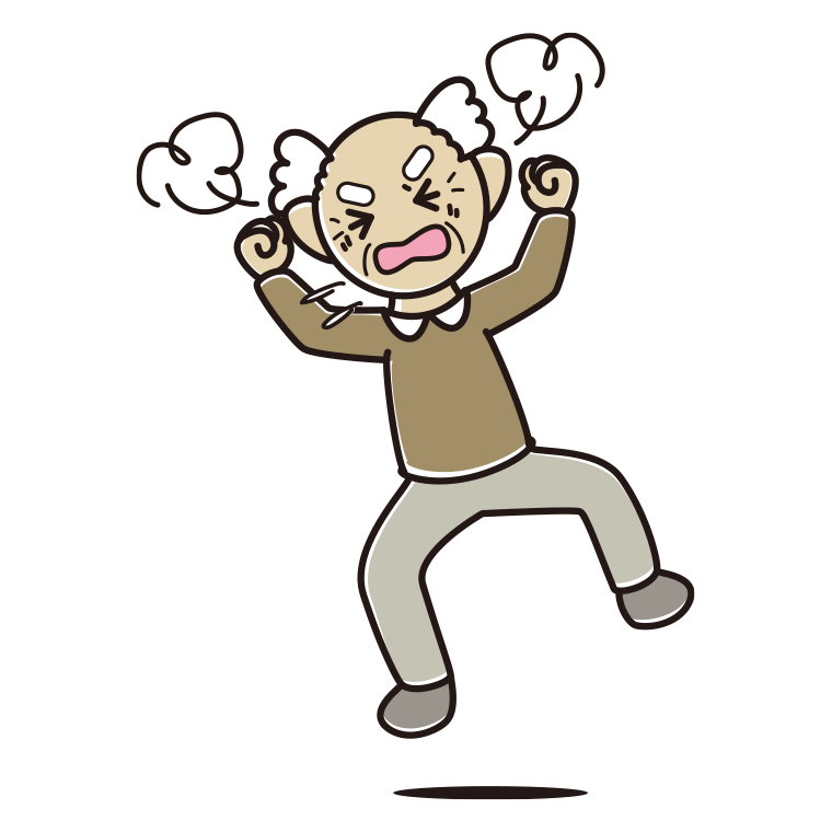 カンカンに怒るおじいさんのイラスト【色あり、背景なし】透過PNG