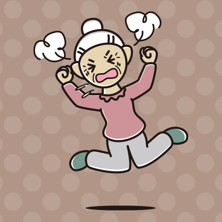 カンカンに怒るおばあさんのイラスト【色、背景あり】PNG