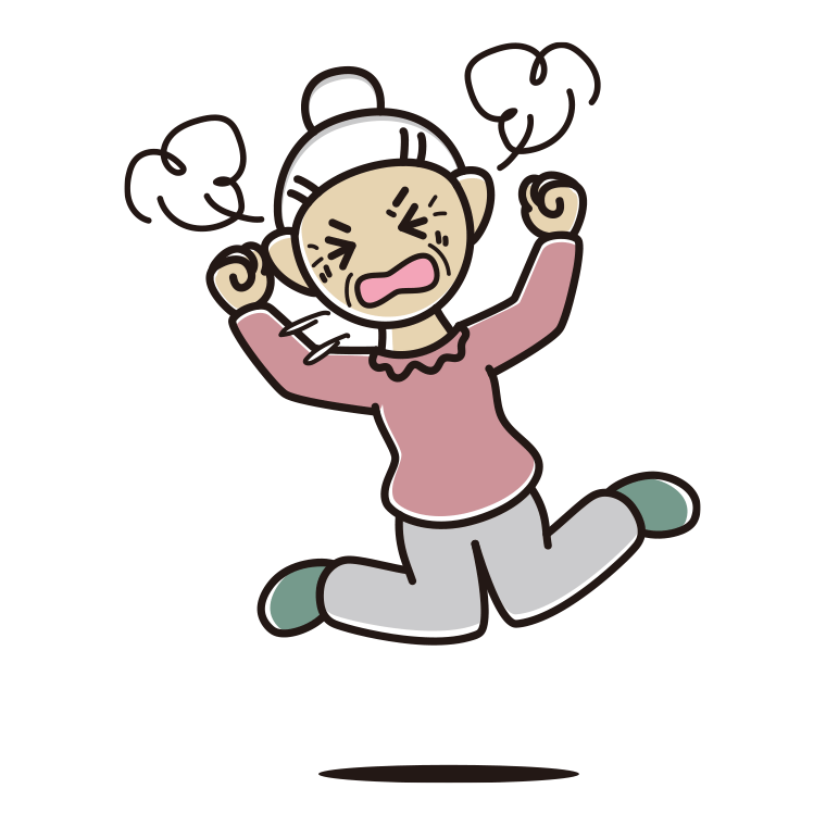 カンカンに怒るおばあさんのイラスト【色あり、背景なし】透過PNG