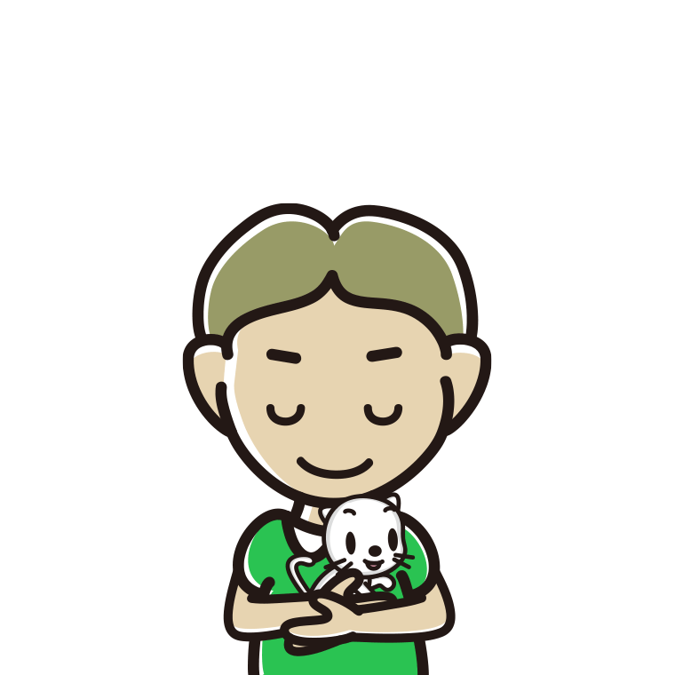 猫を抱いてお辞儀する小学生男子のイラスト【色あり、背景なし】透過PNG