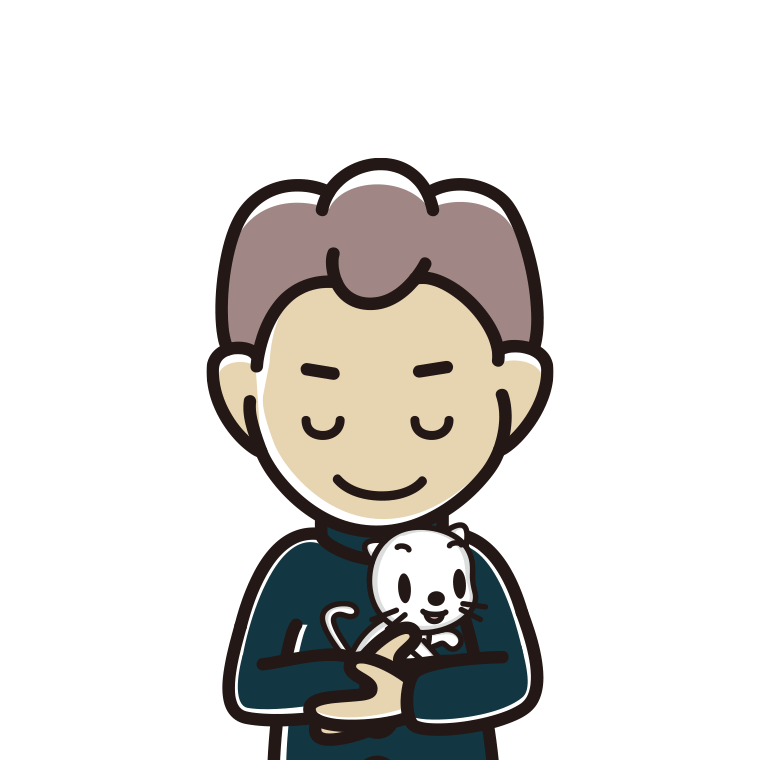 猫を抱いてお辞儀する男子中学生のイラスト【色あり、背景なし】透過PNG