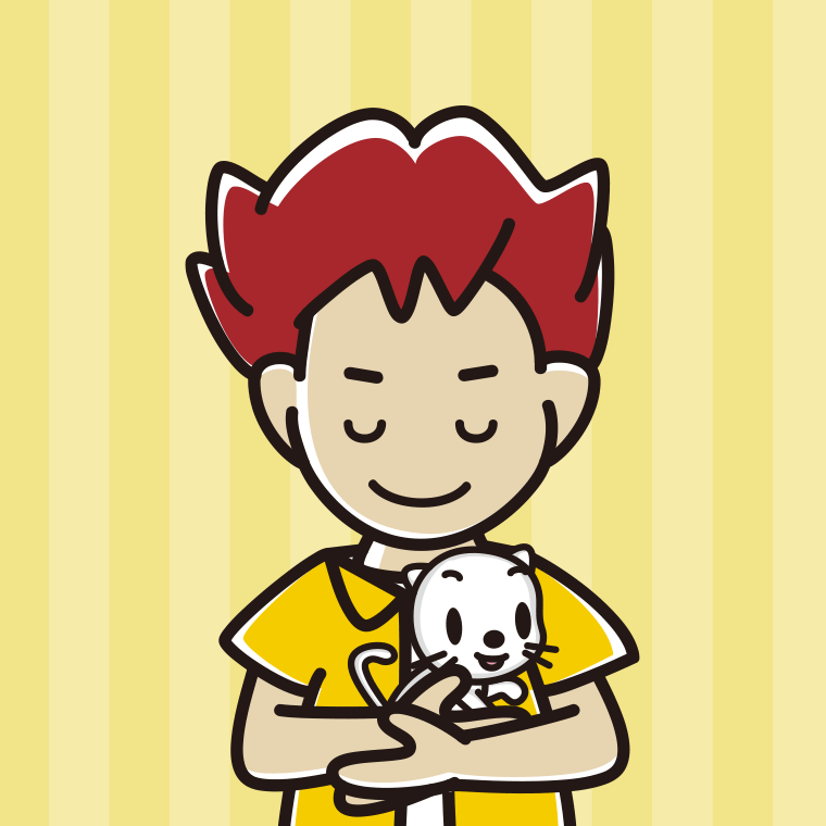 猫を抱いてお辞儀する男子大学生のイラスト【色、背景あり】PNG