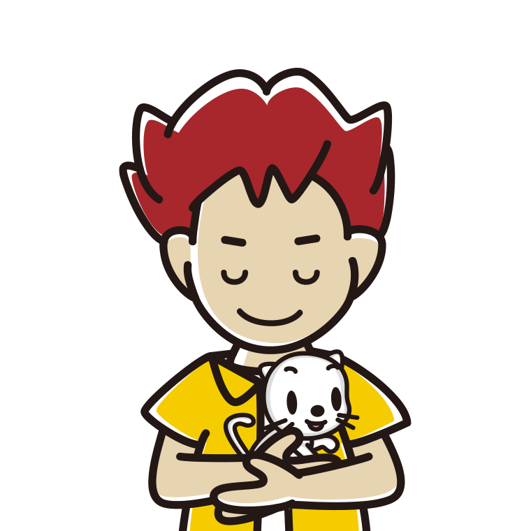猫を抱いてお辞儀する男子大学生のイラスト【色あり、背景なし】透過PNG