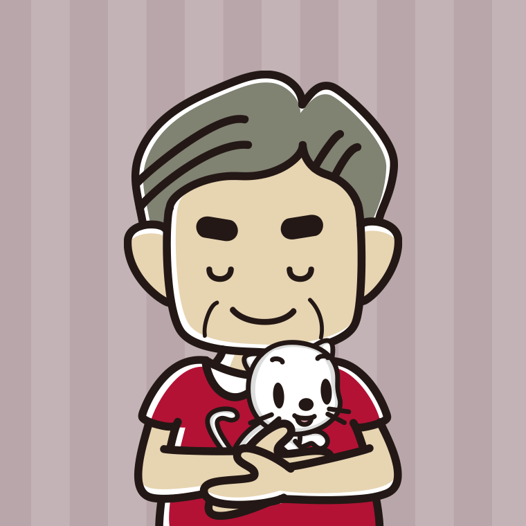 猫を抱いてお辞儀するおじさんのイラスト【色、背景あり】PNG