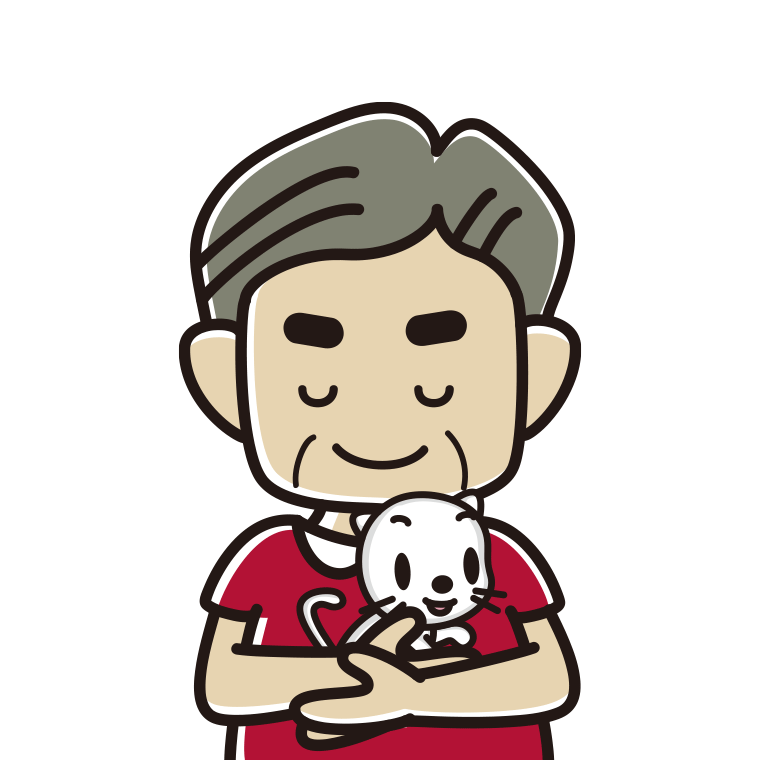 猫を抱いてお辞儀するおじさんのイラスト【色あり、背景なし】透過PNG