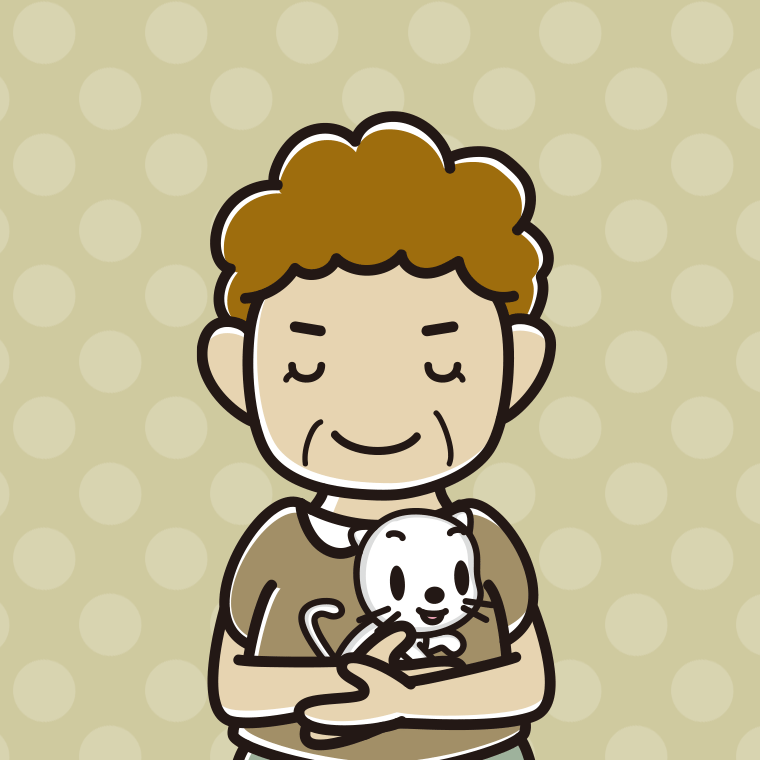 猫を抱いてお辞儀するおばさんのイラスト【色、背景あり】PNG