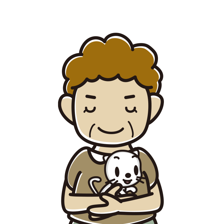 猫を抱いてお辞儀するおばさんのイラスト【色あり、背景なし】透過PNG
