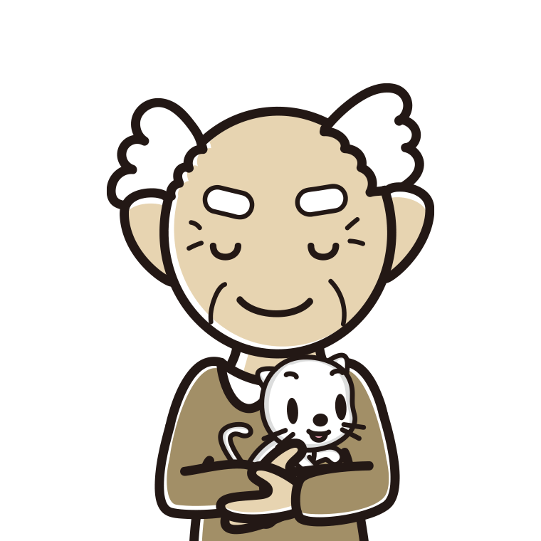 猫を抱いてお辞儀するおじいさんのイラスト【色あり、背景なし】透過PNG