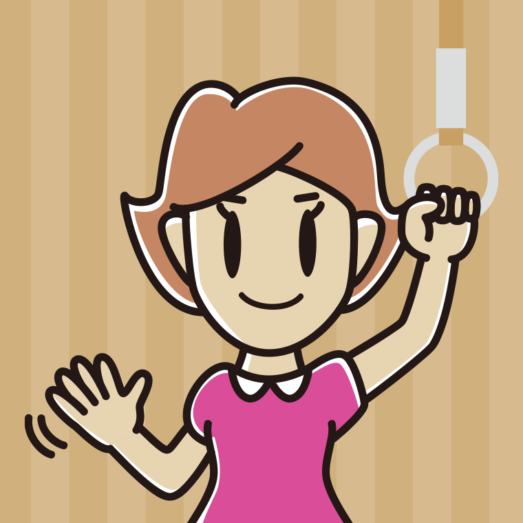 つり革につかまり手を振る女性のイラスト【色、背景あり】PNG