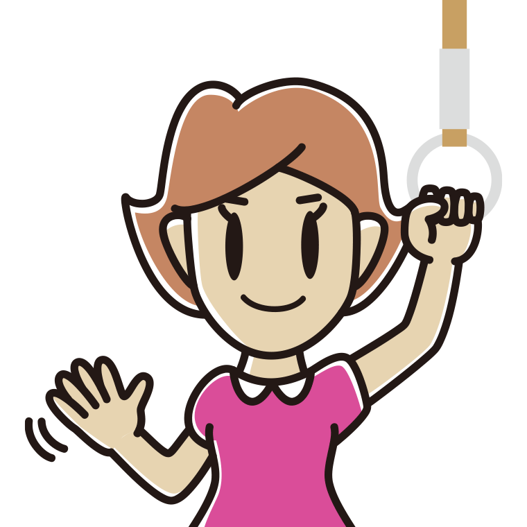 つり革につかまり手を振る女性のイラスト【色あり、背景なし】透過PNG