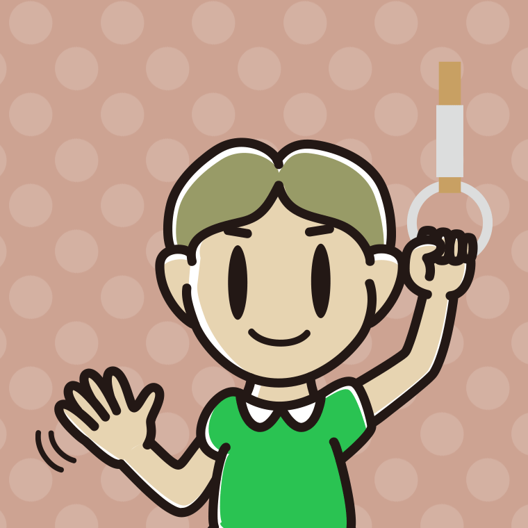 つり革につかまり手を振る小学生男子のイラスト【色、背景あり】PNG