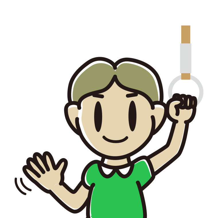 つり革につかまり手を振る小学生男子のイラスト【色あり、背景なし】透過PNG