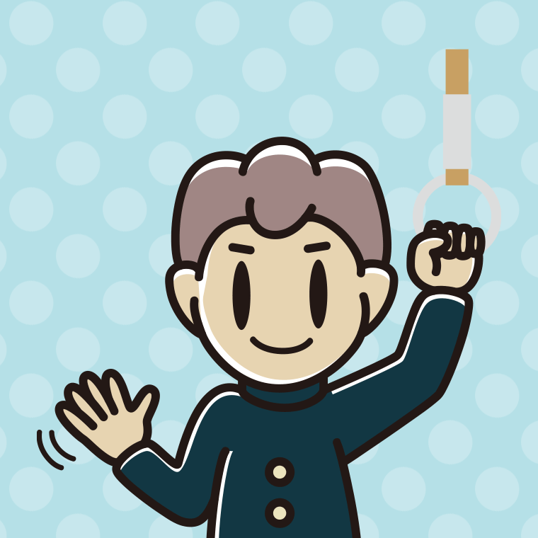 つり革につかまり手を振る男子中学生のイラスト【色、背景あり】PNG