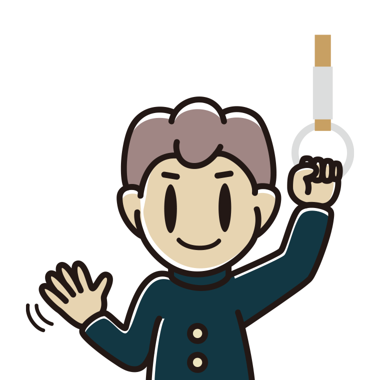 つり革につかまり手を振る男子中学生のイラスト【色あり、背景なし】透過PNG