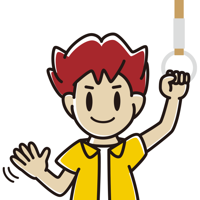 つり革につかまり手を振る男子大学生のイラスト【色あり、背景なし】透過PNG