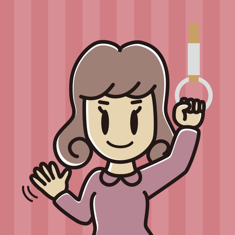 つり革につかまり手を振る女子大学生のイラスト【色、背景あり】PNG