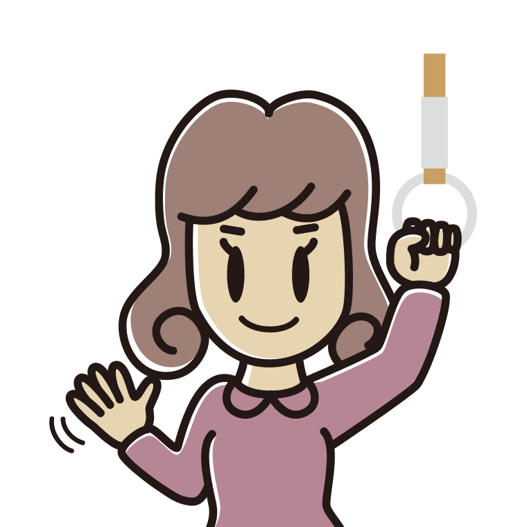 つり革につかまり手を振る女子大学生のイラスト【色あり、背景なし】透過PNG