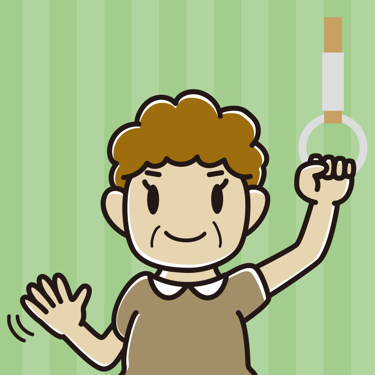 つり革につかまり手を振るおばさんのイラスト【色、背景あり】PNG