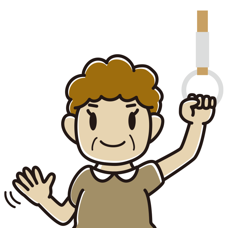 つり革につかまり手を振るおばさんのイラスト【色あり、背景なし】透過PNG