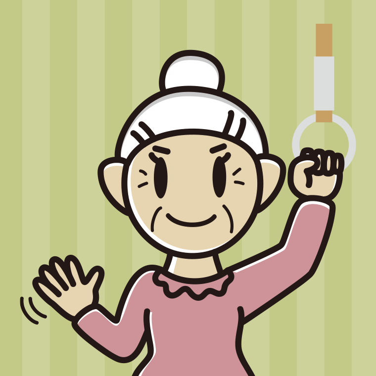 つり革につかまり手を振るおばあさんのイラスト【色、背景あり】PNG