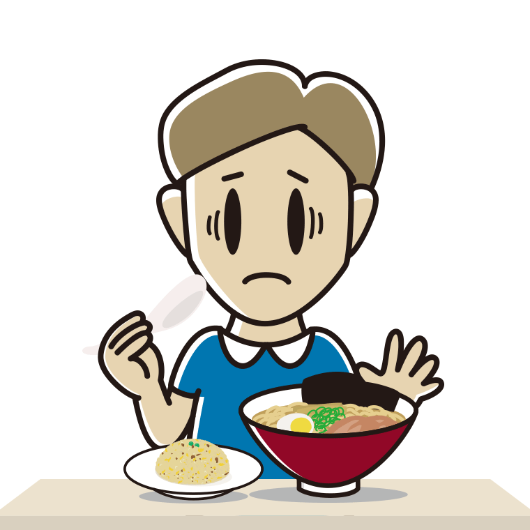 ラーメン・半チャーハンで困る男性のイラスト【色あり、背景なし】透過PNG