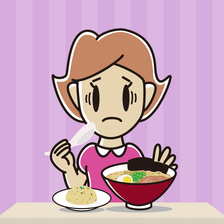 ラーメン・半チャーハンで困る女性のイラスト【色、背景あり】PNG