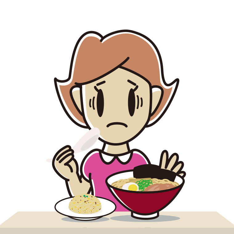ラーメン・半チャーハンで困る女性のイラスト【色あり、背景なし】透過PNG